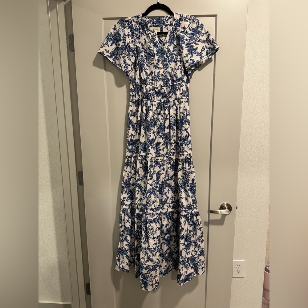 Anthropologie + Maeve Somerset Maxi Dress (Ivory + Blue)